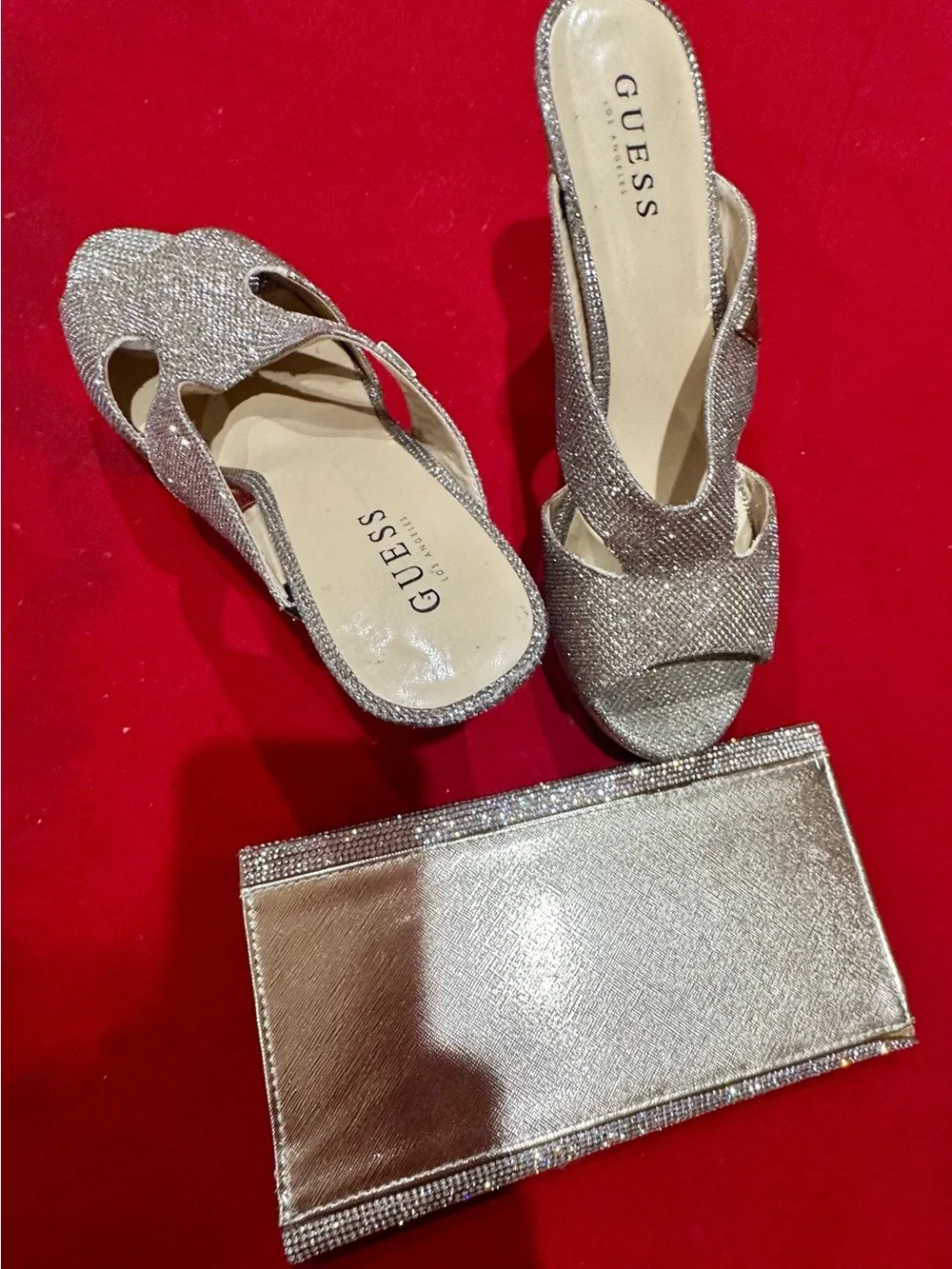 GUESS Silver Glitter Slingback Mules with Matching Clutch